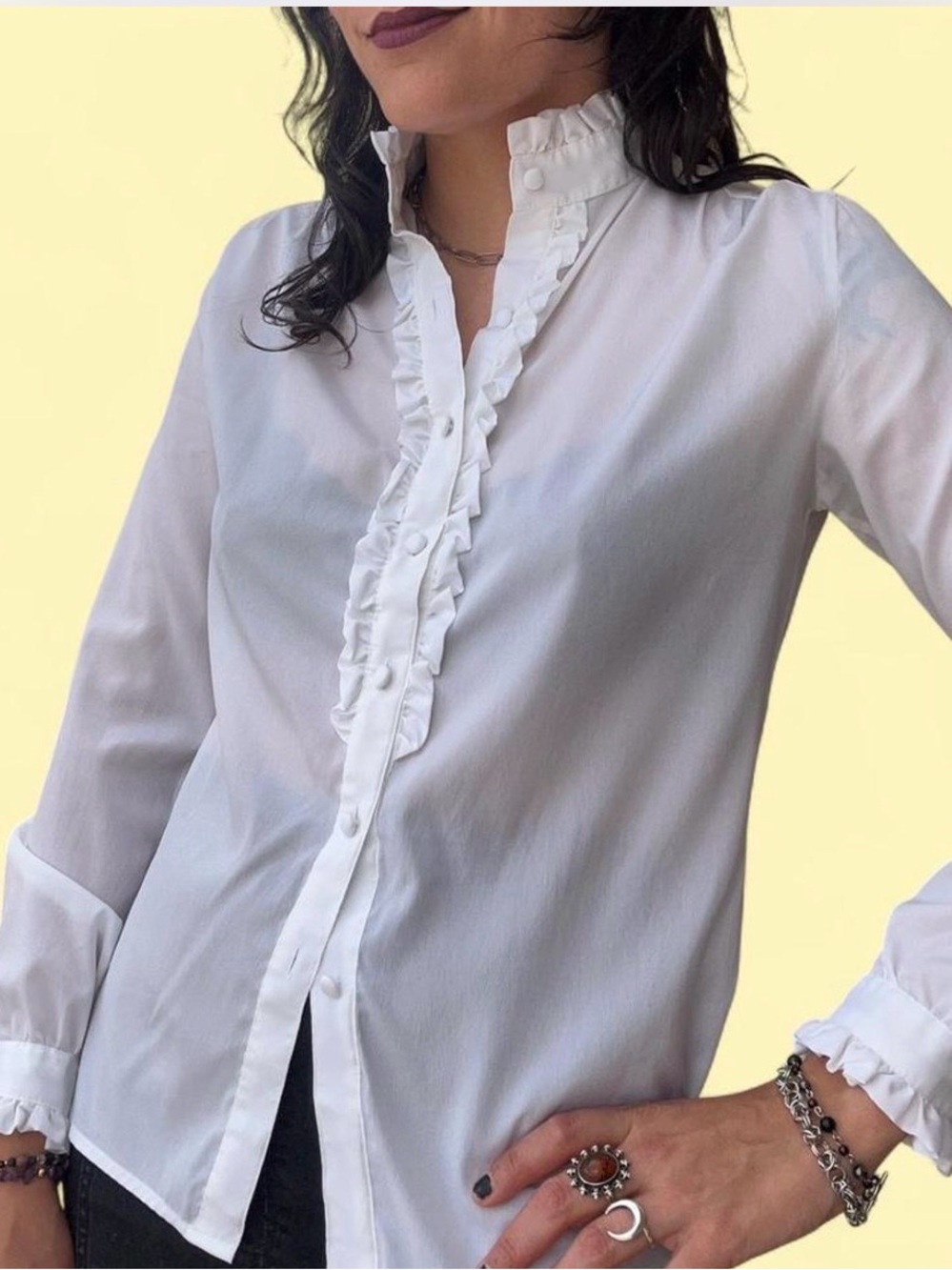 Women's White Ruffled Button-Front Blouse - Picture 3 of 8